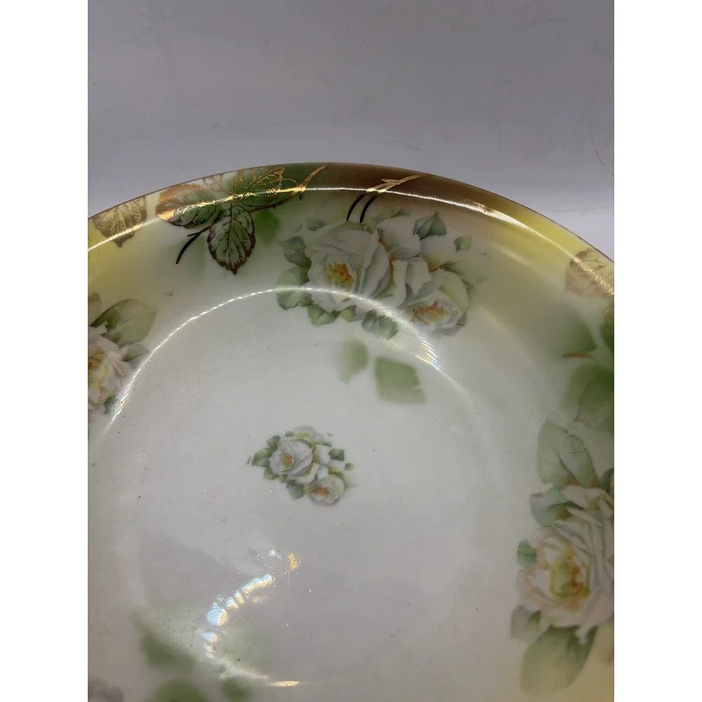 Leuchtenburg Germany Antique Porcelain Serving‎ Bowl White Roses Gold Gilt 10 in